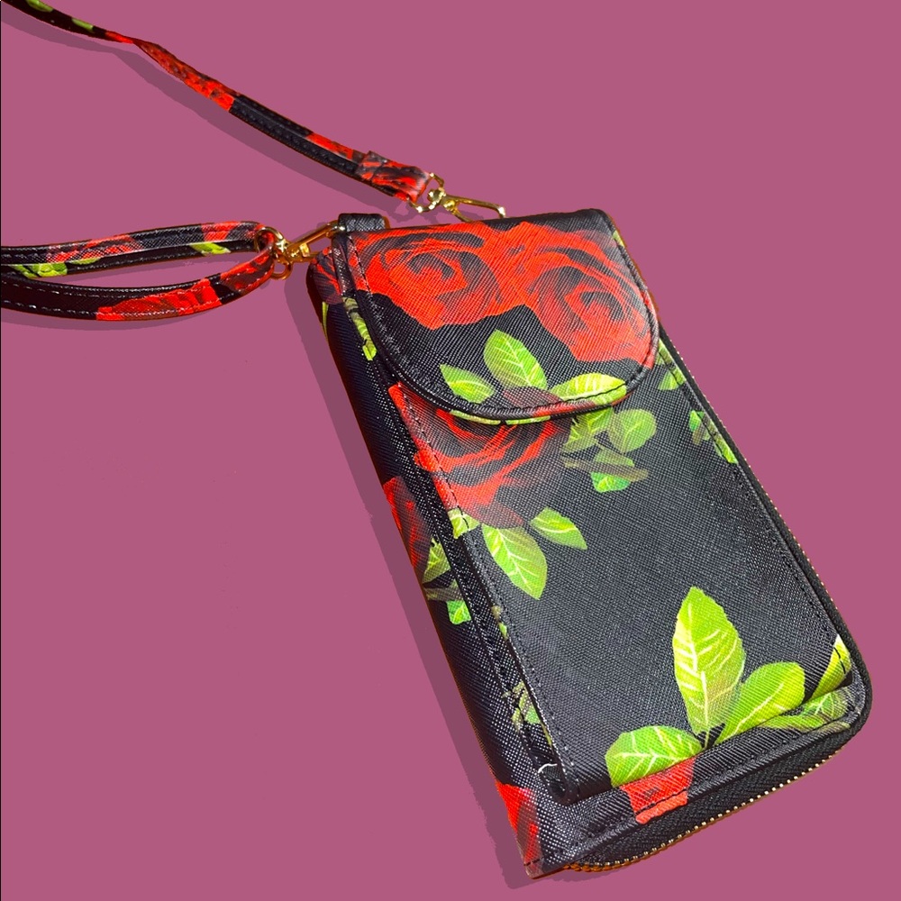 Black Red Rose Wallet Crossbody Small Bag Holder